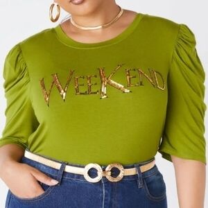 NWT Ashley Stewart Olive Green Embellished Glitter Graphic Top Size 22/24
